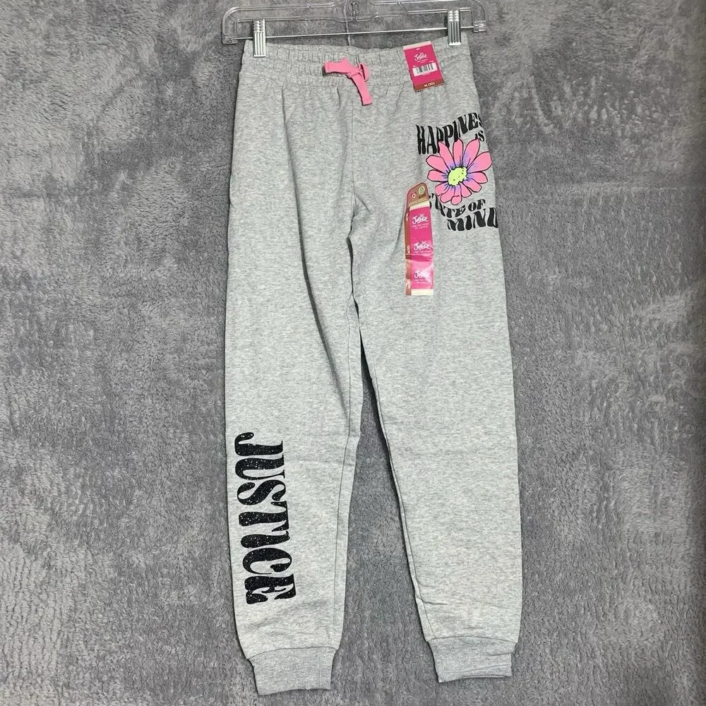 Justice Jogger Sweatpants Girls Size 10 Gray Glitter Logo Flower Graphic NWT